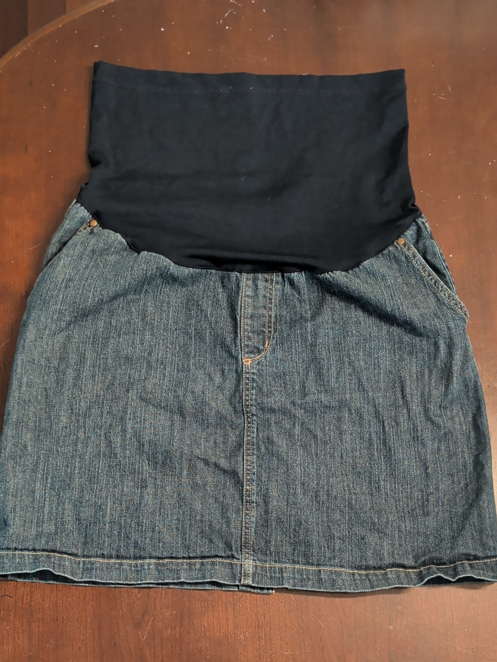 Denim Maternity Skirt with Navy blue panel